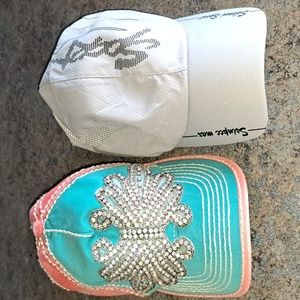 Two womens caps.  Light grey, turquise and pink with auras crystals
